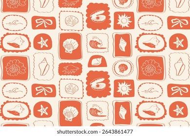Seamless pattern of framed ocean icons shells, flowers, sun, ribbons and waves in coral red and white marine design with playful retro style.