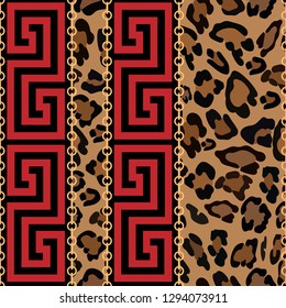 Seamless pattern Frames of Chinese style with gold chains and leopard skin, Geometric in red pattern and golden chains with leopard print on brown background, Abstract pattern background