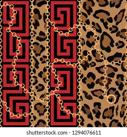 Seamless pattern Frames of Chinese style with gold chains and leopard skin, Geometric in red pattern and golden chains with leopard print on brown background, Abstract pattern background