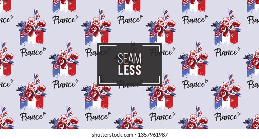 Seamless pattern with France flag with rose flowers. French symbols hand drawn illustrations. Watercolor style vector background.