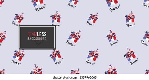 Seamless pattern with France flag with rose flowers. French symbols hand drawn illustrations. Watercolor style vector background.