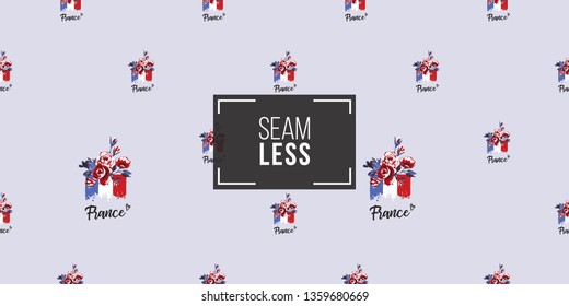 Seamless pattern with France flag with rose flowers. French symbols hand drawn illustrations. Watercolor style vector background.