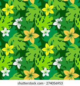 Seamless pattern with frangipani flowers and monsters leaves vector background.