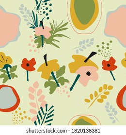 Patrón sin foco con flores frangipani,hojas de selva tropical.Vector dibujado a mano trendy fondo abstracto. Plumeria de colores pastel, concepto minimalista ingenuo. Imprimir para textil,portada de bloc de notas