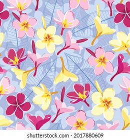 Seamless pattern frangipani pink and yellow flower or kamboja with blue background for summer and spring fabric collection