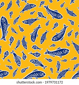 peces libres de patrón ininterrumpido: 
siluetas azules con contorno blanco sobre fondo amarillo, vector