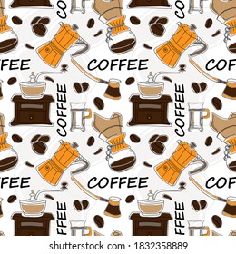 Seamless pattern of free hand vector design with sketch of different coffee elements isolated on white background.