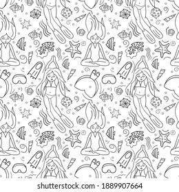 Seamless Pattern With Freediving Girl And Ocean Elements. Vector Illustration. Black And White Doodle. Perfect For Fabrics 