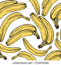 Seamless pattern with freehand drawing banana fruits isolated on white background. Summer tropical pattern for print, textile, wrapping paper, brochure. Floral template, exotic cover.