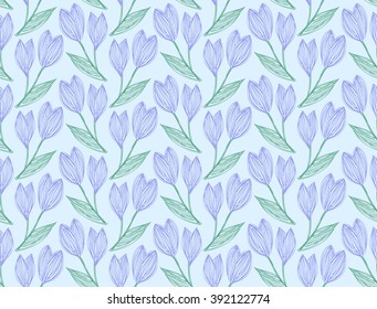 Seamless pattern of freehand drawing and hatched snowdrops on a light blue. Vector Eps10. 