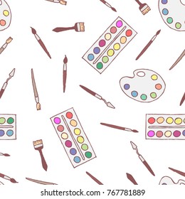 Seamless pattern freehand drawing of palettes, paints, brushes and palette knife