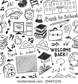 Seamless Pattern Freehand Drawing Of School Supplies On White Background