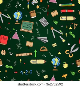 Seamless pattern of Freehand drawing school items on the blackboard. Back to School. 