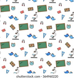 Seamless pattern of Freehand drawing school items on the blackboard. Back to School. 