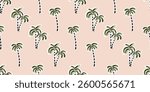 Seamless pattern with freehand ink doodle abstract palm trees. Trendy tropical vertical stripe background. Hand drawn vector illustration. Boho, beach, jungle wallpaper.