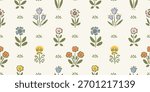 Seamless pattern with freehand ink doodle abstract flowers. Trendy floral block print background. Hand drawn vector illustration. Boho, cottage core, retro wallpaper.