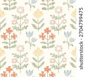 Seamless pattern with freehand ink doodle abstract flowers. Trendy floral embroidery stitch background. Hand drawn vector illustration. Boho, cottage core, needlework retro wallpaper.