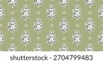 Seamless pattern with freehand ink doodle abstract flowers. Trendy green floral block print background. Hand drawn vector illustration. Boho, cottage core, embroidery retro wallpaper.