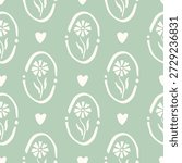 Seamless pattern with freehand ink doodle abstract flowers on green. Trendy floral block print background. Hand drawn vector illustration. Boho, cottage core, retro wallpaper.