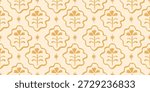 Seamless pattern with freehand ink doodle abstract flowers on butter yellow. Trendy floral block print background. Hand drawn vector illustration. Boho, cottage core, retro wallpaper.