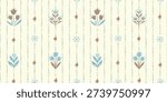 Seamless pattern with freehand ink doodle abstract flowers. Trendy floral vertical stripe background. Hand drawn vector illustration. Boho, cottage core, retro wallpaper in blue and brown.
