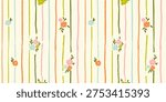 Seamless pattern with freehand ink doodle abstract yellow flowers. Trendy floral vertical stripe background. Hand drawn vector illustration. Boho, cottage core, retro wallpaper.