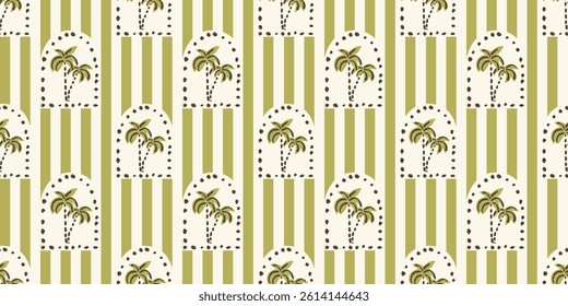Seamless pattern with freehand ink doodle abstract palm trees in arc frame. Trendy tropical block print vertical stripe background. Hand drawn vector illustration. Boho, beach, jungle wallpaper.