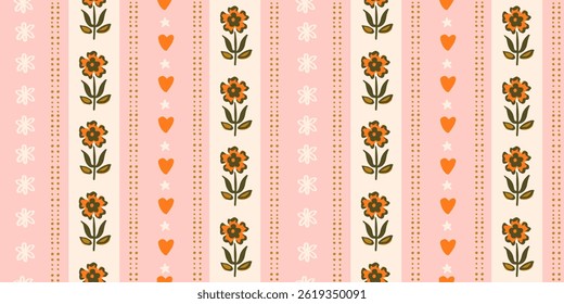 Seamless pattern with freehand ink doodle abstract flowers. Trendy floral vertical stripe background. Hand drawn vector illustration. Boho, cottage core, retro wallpaper.