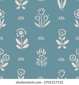 Padrão contínuo com tinta à mão livre doodle flores abstratas em azul. Plano de fundo de impressão em bloco floral moderno. Ilustração de vetor desenhada à mão. Boho, casa de campo, papel de parede retro.