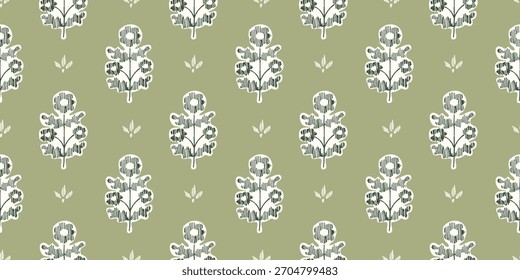 Seamless pattern with freehand ink doodle abstract flowers. Trendy green floral block print background. Hand drawn vector illustration. Boho, cottage core, embroidery retro wallpaper.