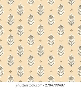 Seamless pattern with freehand ink doodle abstract flowers. Trendy yellow floral block print background. Hand drawn vector illustration. Boho, cottage core, embroidery retro wallpaper.