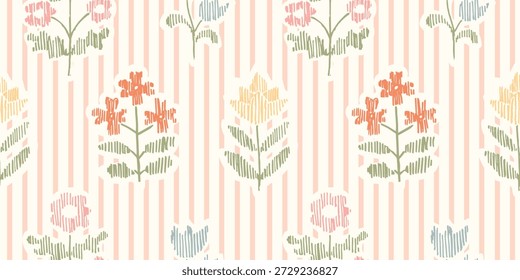 Patrón sin fisuras con tinta a mano alzada doodle flores abstractas. Fondo de puntada de bordado floral de rayas de Vertical de moda. Ilustración vectorial dibujada a mano. Boho, núcleo de la cabaña, Fondo de pantalla retro de costura.