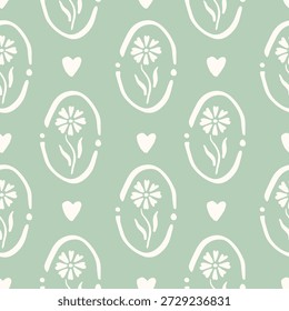 Seamless pattern with freehand ink doodle abstract flowers on green. Trendy floral block print background. Hand drawn vector illustration. Boho, cottage core, retro wallpaper.