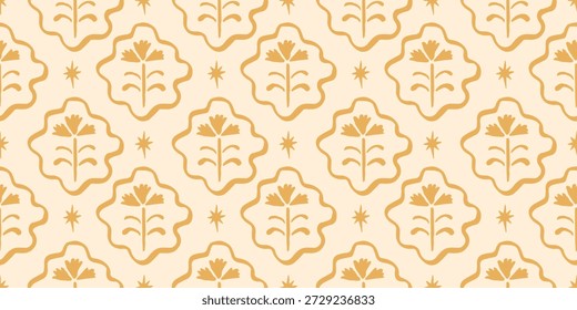 Seamless pattern with freehand ink doodle abstract flowers on butter yellow. Trendy floral block print background. Hand drawn vector illustration. Boho, cottage core, retro wallpaper.