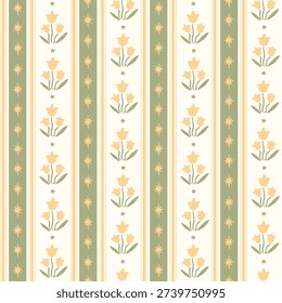 Seamless pattern with freehand ink doodle abstract tulip flowers. Trendy floral vertical stripe background. Hand drawn vector illustration. Boho, cottage core, retro wallpaper in yellow and green.
