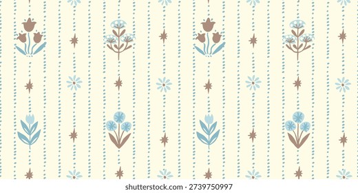 Seamless pattern with freehand ink doodle abstract flowers. Trendy floral vertical stripe background. Hand drawn vector illustration. Boho, cottage core, retro wallpaper in blue and brown.