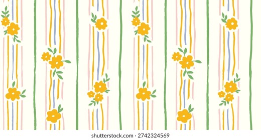 Seamless pattern with freehand ink doodle abstract yellow flowers. Trendy floral vertical stripe background. Hand drawn vector illustration. Boho, cottage core, retro wallpaper.