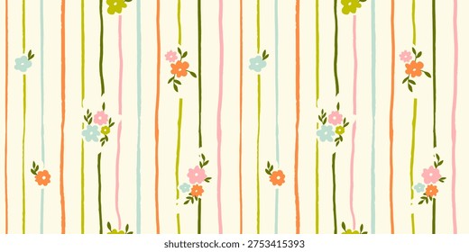 Seamless pattern with freehand ink doodle abstract yellow flowers. Trendy floral vertical stripe background. Hand drawn vector illustration. Boho, cottage core, retro wallpaper.