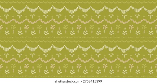 Seamless pattern with freehand ink doodle scallop stripes. Trendy horizontal stripes floral embroidery stitch background.Hand drawn vector illustration. Boho, cottage core, needlework retro wallpaper.