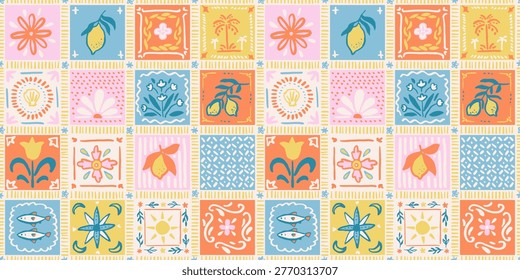 Seamless pattern with freehand ink doodle abstract tiles in mediterranean style. Trendy Italian summer mosaic background. Hand drawn vector illustration. Boho, Sicilian lemons, coastal wallpaper.