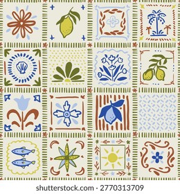 Seamless pattern with freehand ink doodle abstract tiles in mediterranean style. Trendy Italian summer mosaic background. Hand drawn vector illustration. Boho, Sicilian lemons, coastal wallpaper.