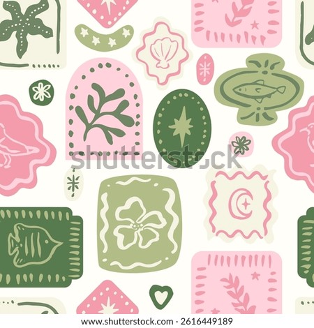 Seamless pattern with freehand ink doodle abstract flowers, seagull and fish. Trendy tropical tile background. Hand drawn vector illustration. Boho, beach, jungle, coastal wallpaper.