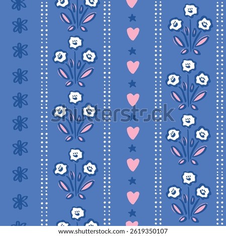 Seamless pattern with freehand ink doodle abstract flowers. Trendy floral vertical stripe background. Hand drawn vector illustration. Boho, cottage core, retro wallpaper.