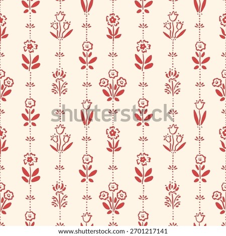 Seamless pattern with freehand ink doodle abstract flowers. Trendy floral vertical stripe background. Hand drawn vector illustration. Boho, cottage core, retro wallpaper.