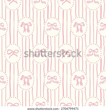 Seamless pattern with freehand ink doodle abstract bows in oval frames. Trendy cute embroidery stitch background. Hand drawn vector illustration. Boho, cottage core, needlework retro wallpaper.