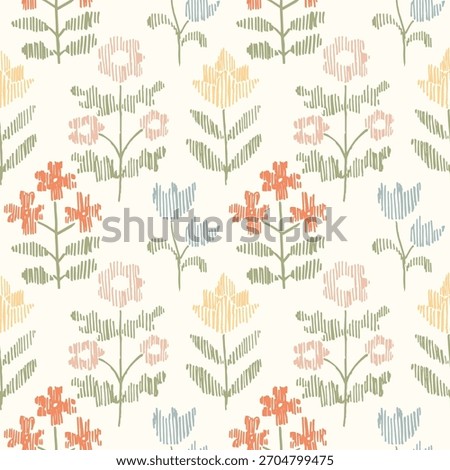 Seamless pattern with freehand ink doodle abstract flowers. Trendy floral embroidery stitch background. Hand drawn vector illustration. Boho, cottage core, needlework retro wallpaper.