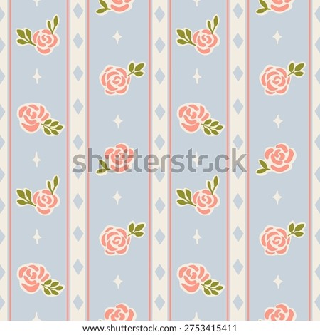 Seamless pattern with freehand ink doodle abstract roses. Trendy floral block print vertical stripe background. Hand drawn vector illustration. Boho, cottage core, retro wallpaper.