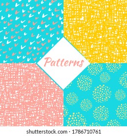 Seamless pattern from freehand lines and points on a light blue, yellow, pink, black and white background. Abstract background.