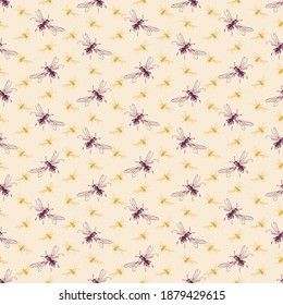 Seamless pattern of freehand sketch of flying bees, drawn and digitized, in three colors. Vector illustration for fashion, package design, wallpaper, textile, fabric, wrapping paper.