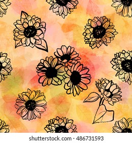 A seamless pattern of freehand vector sunflowers, on the background of abstract golden leaves